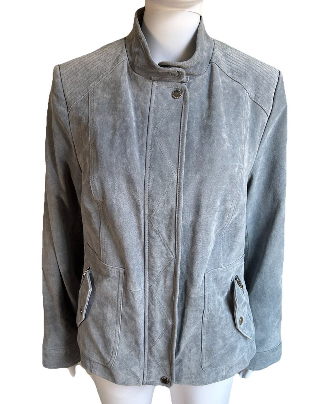 Isaac Mizrahi Suede Leather Moto Jacket Womens 14 Gray Coat Zip Snap
